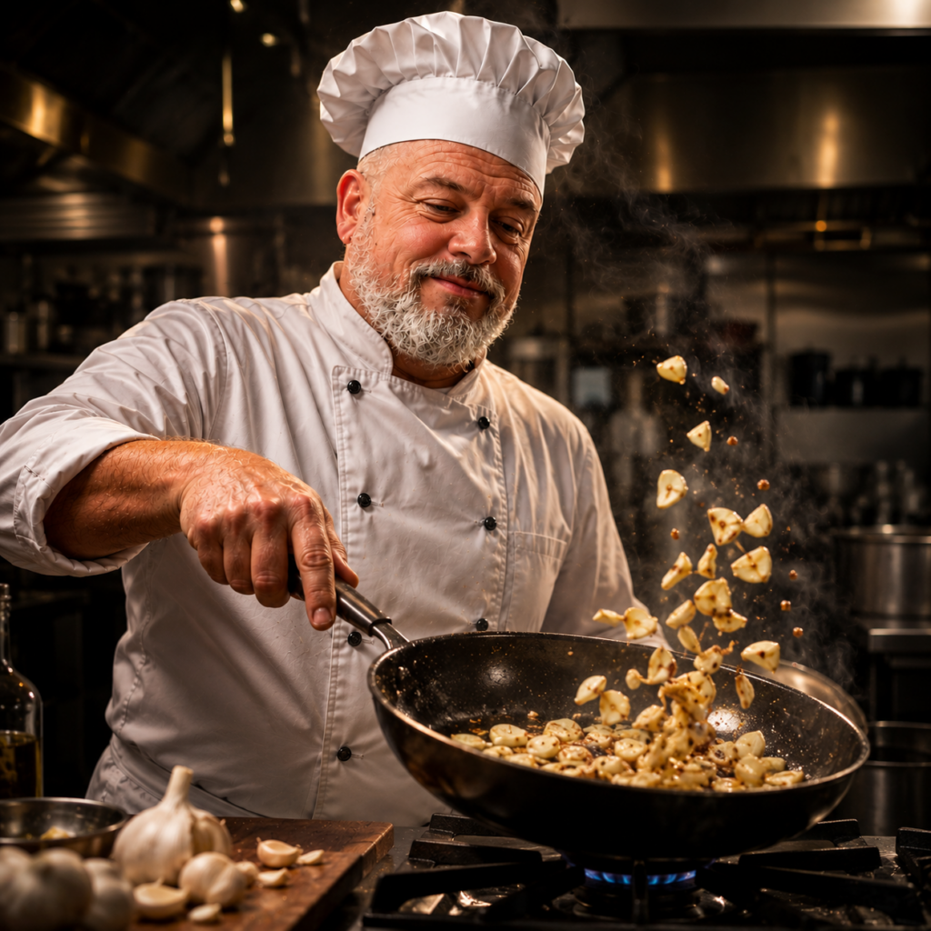 Chef Ricco Biagioni preparando uma de suas especialidades alho frito.